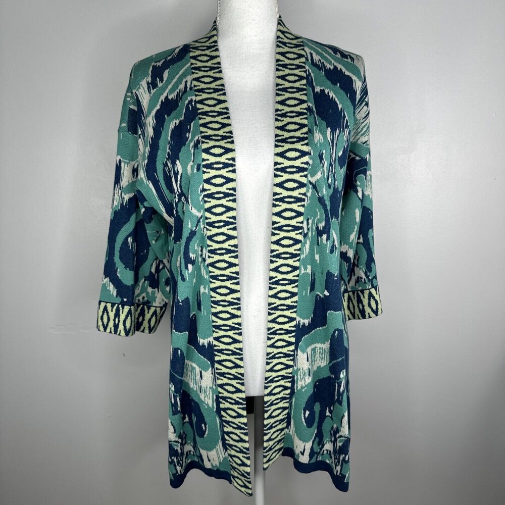 Soft surroundings Knit Cardigan Sz M PM  Teal Blue Graphic Print Comfort Artsy
